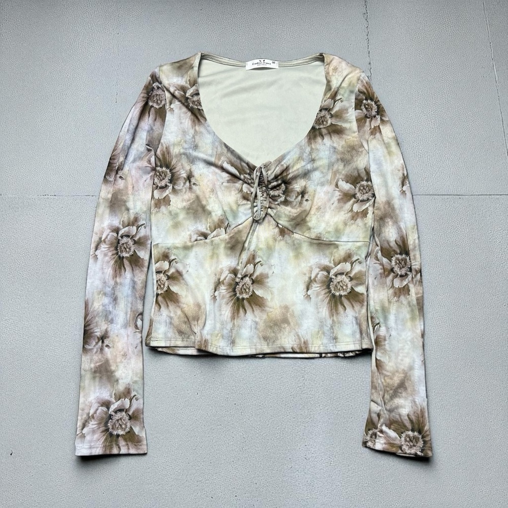 Y2K Floral Sheer Sleeve Scrunched Tie Front Top Size Medium Sage